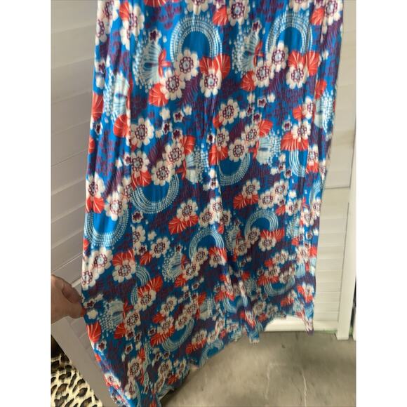 Handmade VTG 60s 70s Maxi Dress Empire Floral Knit Blue Orange Sz Small - Picture 3 of 6